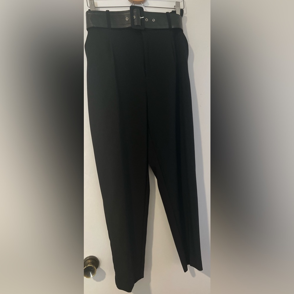 Zara Black High Waisted Belted Trousers Pants Size M